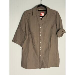 Daxon Taupe Linen CottonEmbroidered Roll-tab Long Button-down Shirt UK 12 US 8